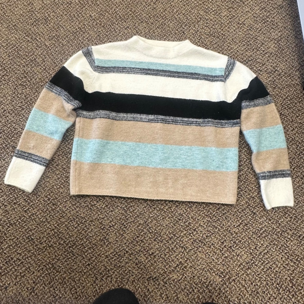 Rain + Rose Womens Striped Knit Sweater Cream Blue Tan Black Size M Crew Neck